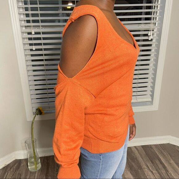 Vintage Orange Cutout Cold Shoulder Double V neck Sweater - Picture 5 of 12